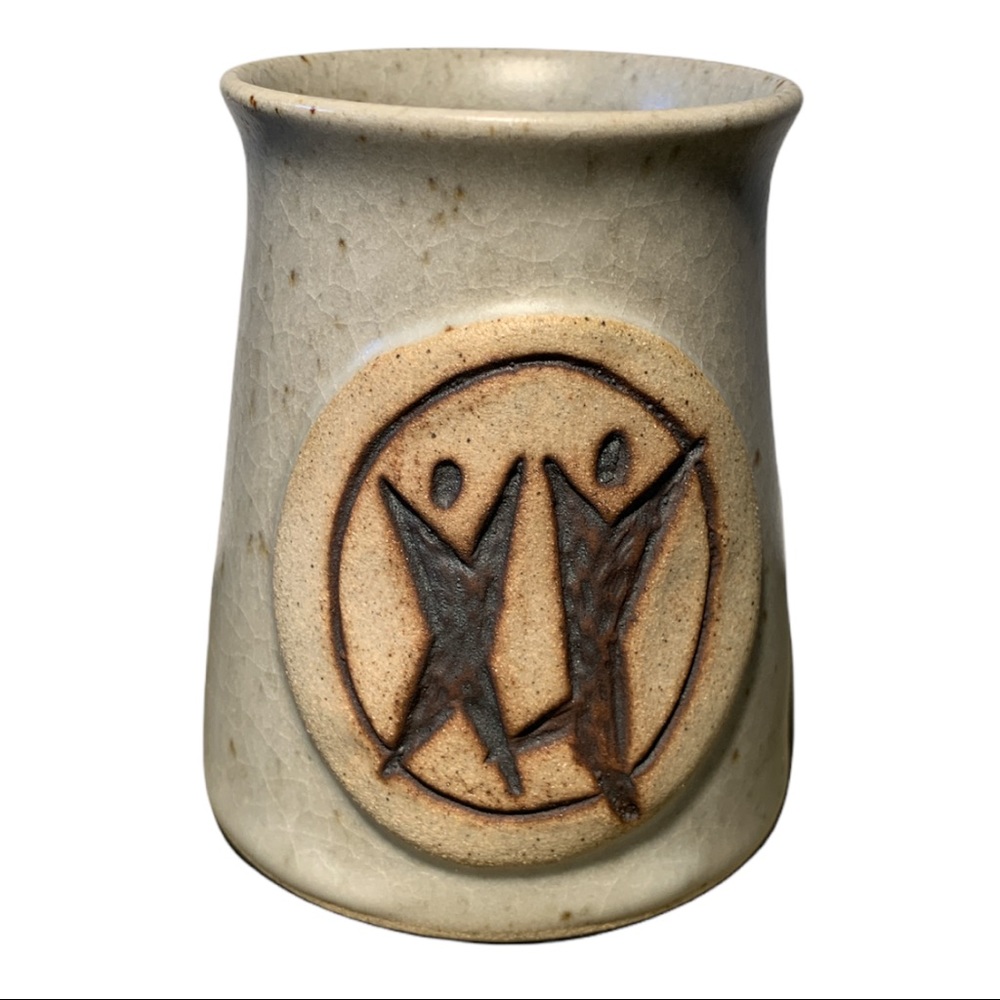 Artisan Handmade People United Etched Pottery Stoneware Mug Cup Signed